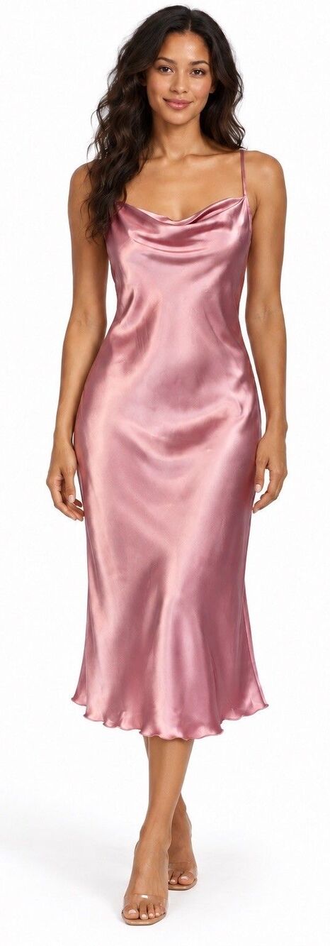 Y2K Bebe Pink Satin Slip Dress M Cowl Neck Spaghetti Strap Midi USA Vintage